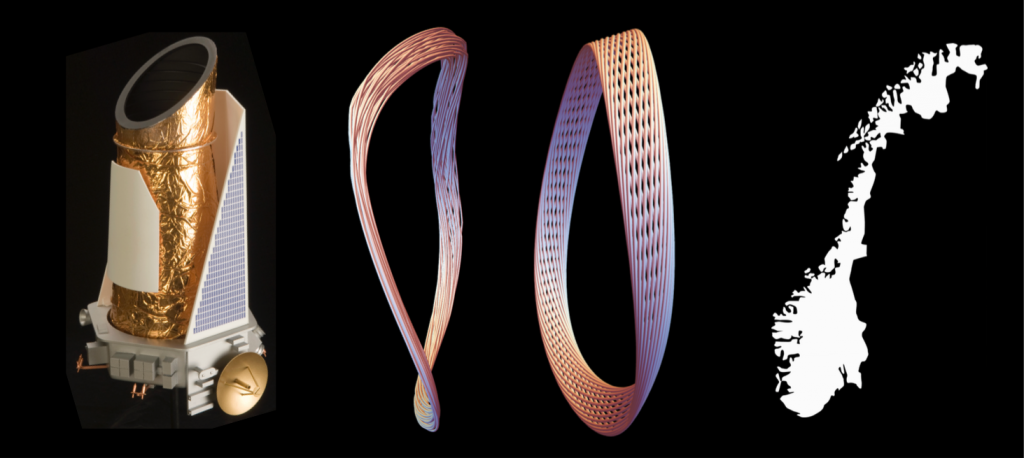 Kepler spacecraft (left), experimental and theoretical attractors (center), Norway coast (right)