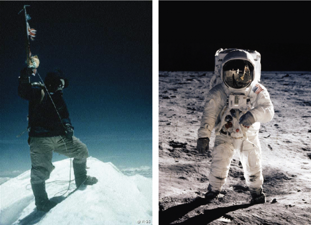 Iconic photos: Tenzing Norgay on Everest, 1953 May 29, and Buzz Aldrin on Moon, 1969 July 20. Photo credits: Edmund Hlllary and Neil Armstrong.