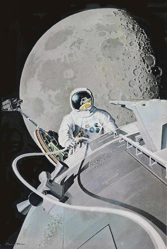 The first deep space walk, by Al Worden reflected in Jim Irwin's visor, during Apollo 15 in 1971, as painted by Pierre Mion