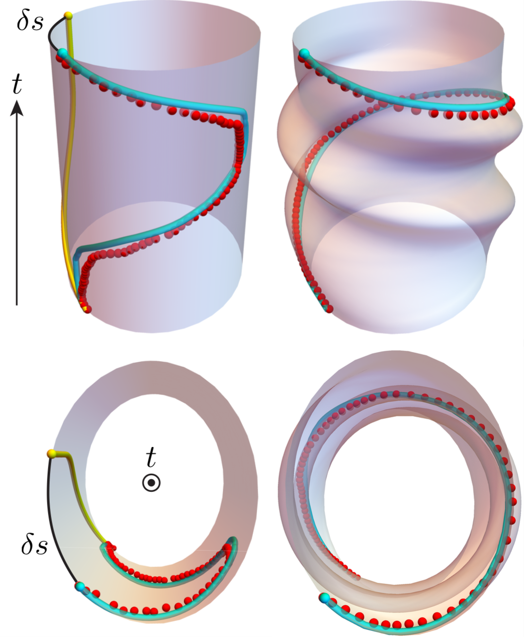 Spacetime diagrams of a bead sliding on spinning hoop in the hoop (left) and lab (right) frames. Red spheres are experiment, cyan tubes are simulation, yellow tubes numerically extrapolates bead sliding in the absence of hoop spinning, and black arcs are the generalized Hannay’s shift.