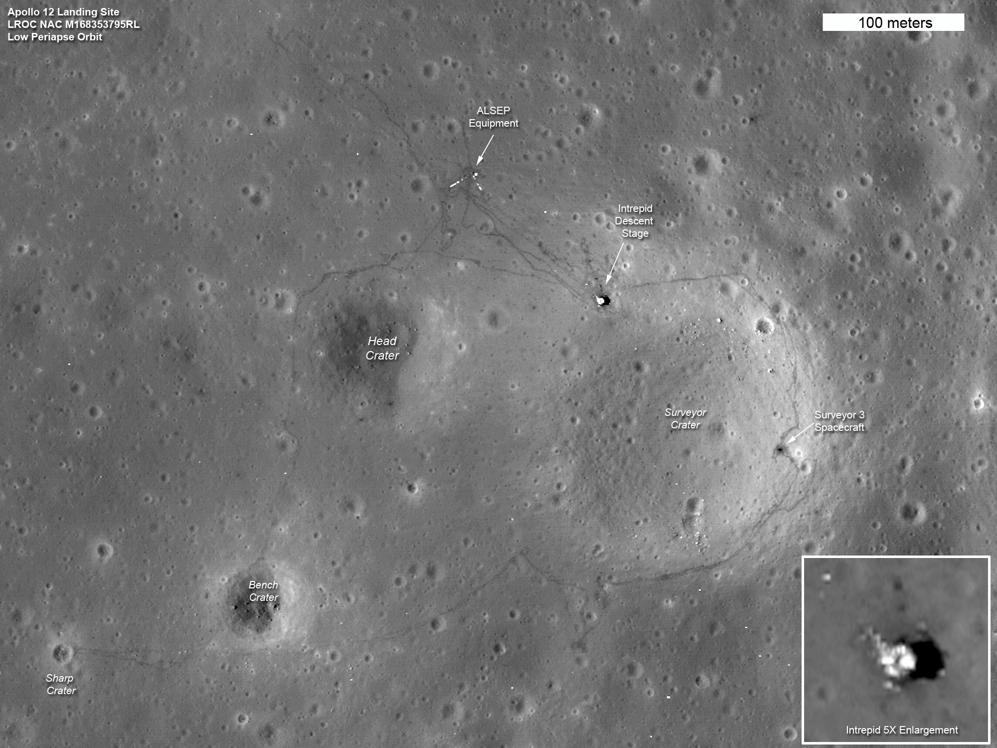 2011 Lunar Reconnaissance Orbiter photograph of the Apollo 12 landing site including the astronauts' tracks from two moonwalks