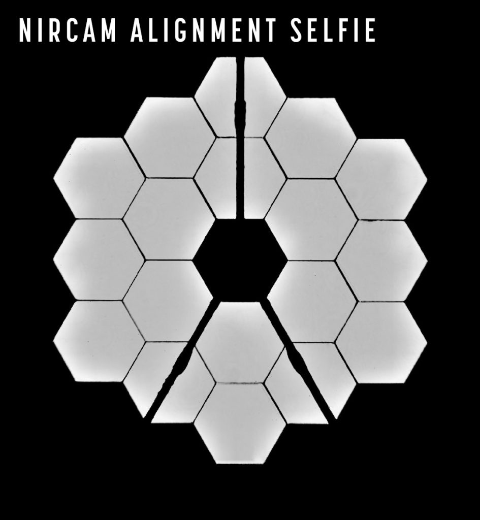 Webb selfie shows hexagonal mirror segments and three struts supporting the secondary mirror. (NASA)