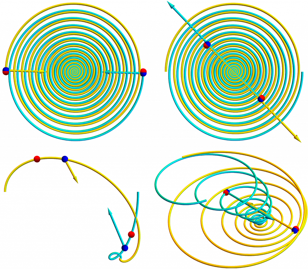 Mathematica simulations of interacting charged particle including magnetic, radiation, and time-delay effects. Blue dots mark present positions, and red dots mark retarded positions. Arrows represent force pairs, which are typically not "equal but opposite".