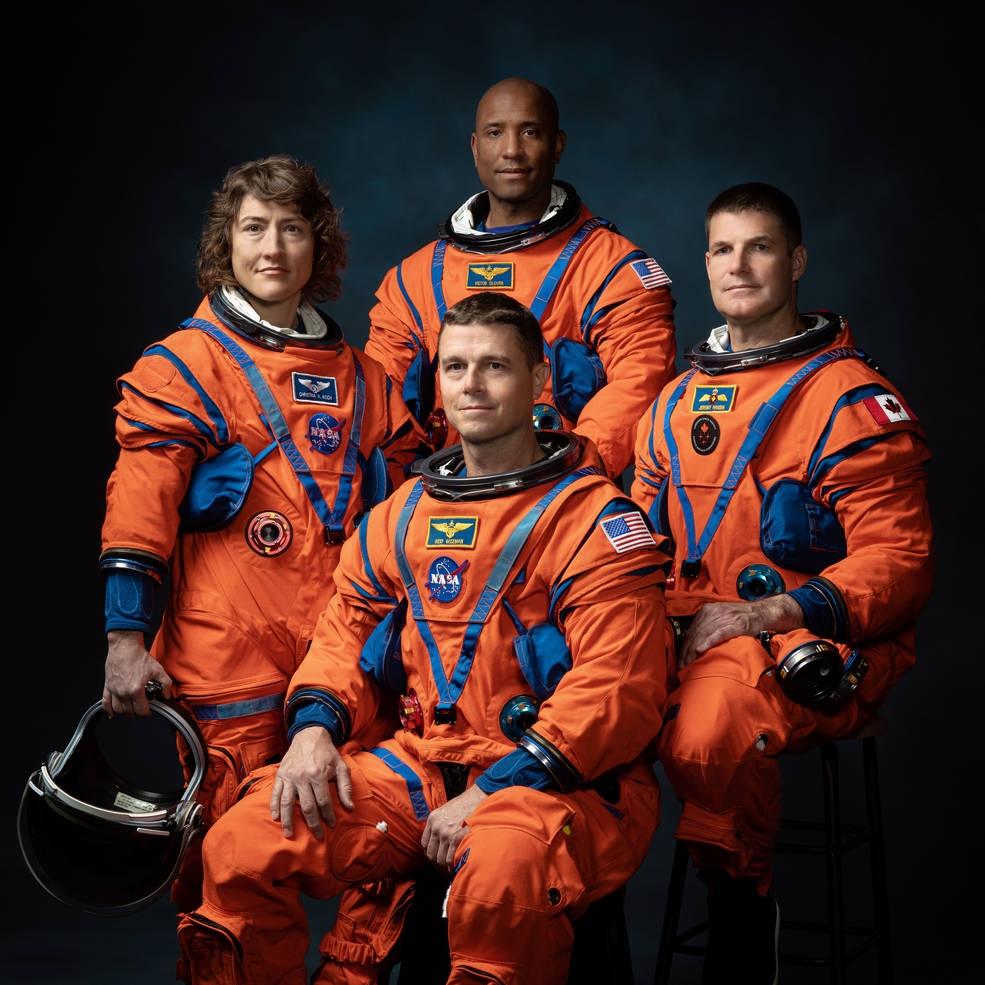 Christina Koch, Victor Glover, Jeremy Hansen, Reid Wiseman, the crew of Artemis II. (Photo by Josh Valcarcel for NASA.).