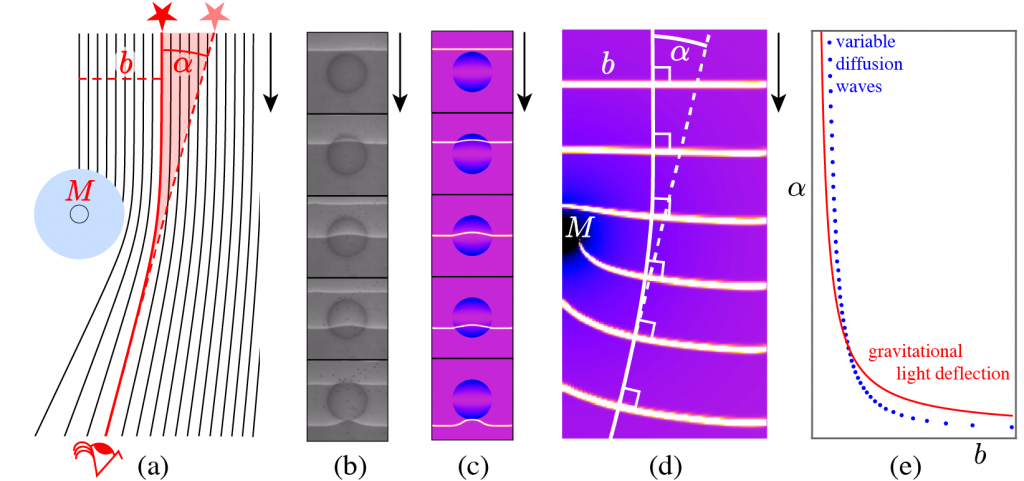 Article summary. (a) General relativity predicts the observed gravitational deflection of light near stars with mass M . The deflection angle α depends on the impact parameter b, the perpendicular distance between the initial ray and the star’s center. (b) Experimental reaction-diffusion (RD) over spherical cap obstacles vets our (c) simulated RD over a plane with variable diffusion. (d) Planar RD with variable diffusion can match the effective light speed near a star or black hole and (e) well approximate the famous angle deflection relation α ~ M / b.