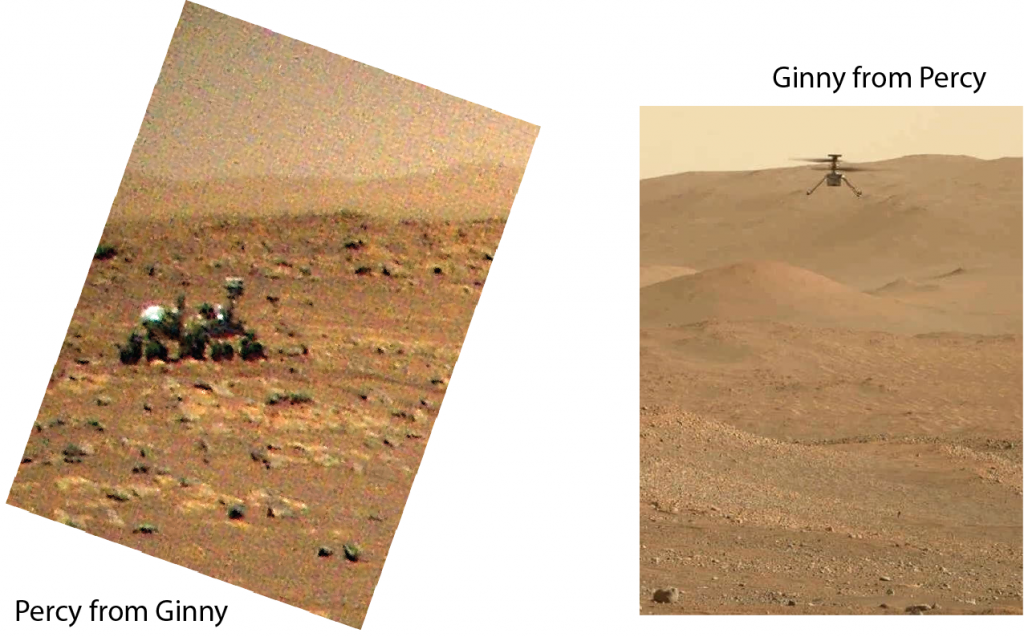 Flying Ingenuity helicopter photographs grounded Perseverance rover (left) and vice versa (right) -- on Mars! (NASA photos.)