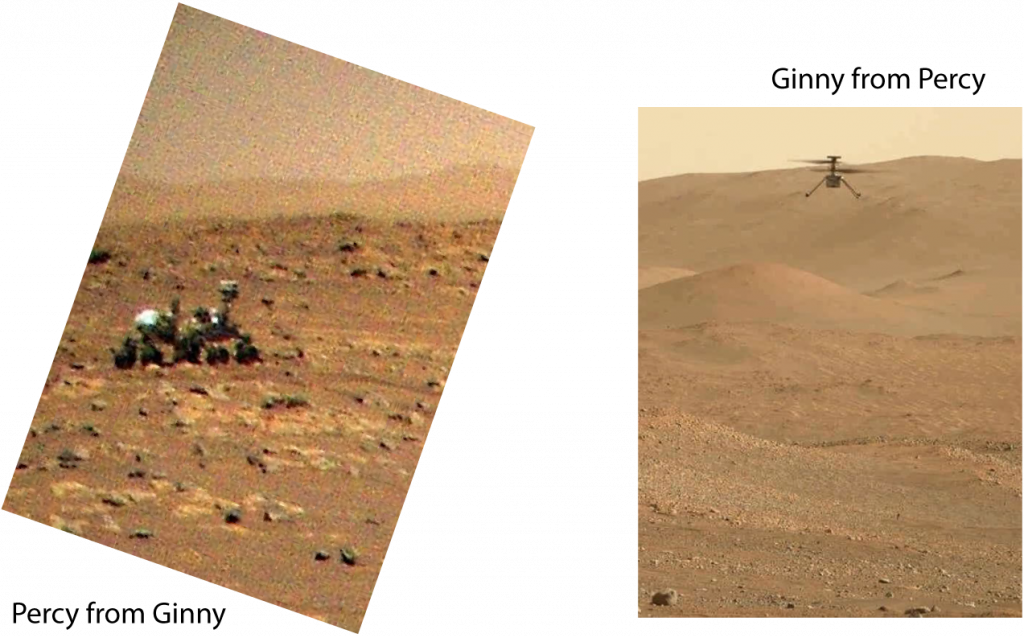 Flying Ingenuity helicopter photographs grounded Perseverance rover (left) and vice versa (right) -- on Mars! (NASA photos.)